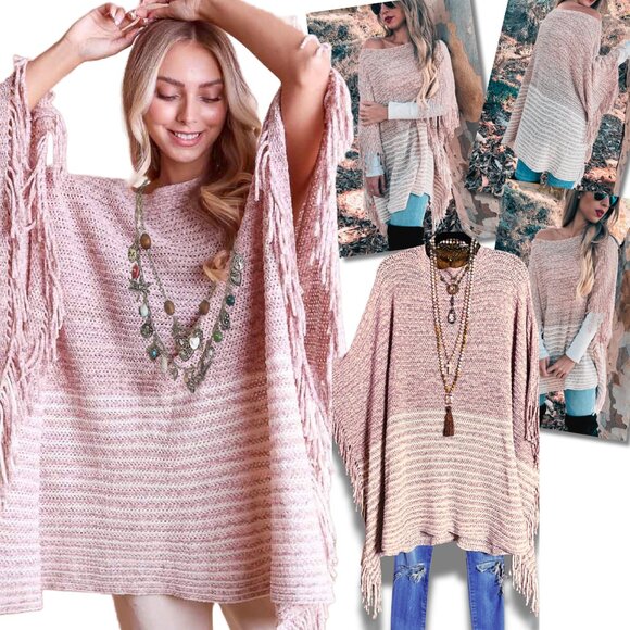 Beautiful Boho Style Soft Comfy Knit Ruana in Soft Petal Pink NEW - Picture 1 of 11